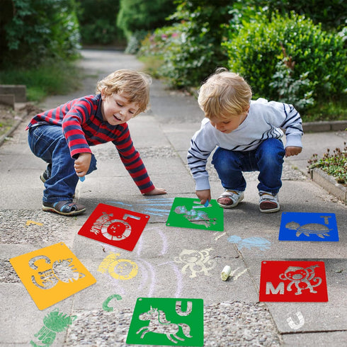 26 Pieces Sturdy Stencils for Kids, 8 Inches Large Sidewalk Chalk Stencils for Kids, Animal Shape Stencils with Alphabet Letters Themed Template, ...