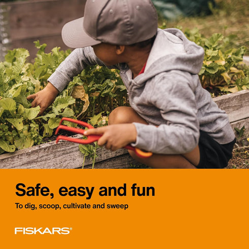 Fiskars Kids Garden Tool Set (4-Piece) - Ages 3+ Educational Toys for Yard Work - Cultivator, Trowel, Scoop and Brush with Organizational Hang Hol...