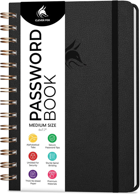 Clever Fox Password Book Spiral – Internet Address & Password Organizer with Laminated Alphabetical Tabs – Password Keeper Journal – Hardcover, Me...