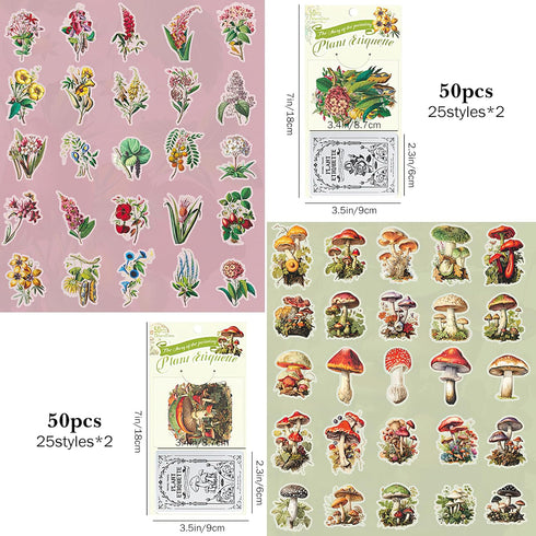100Pcs Botanical PET Stickers, 2 Styles of Retro Mushrooms and Yard Plant PET Scrapbook Stickers Kit for Art Diary Card Craft Gifts Planner Notebo...