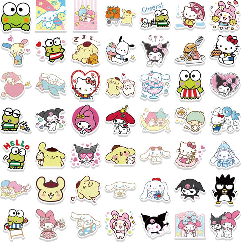 100pcs Sanrio Cartoon Stickers for Kids, Kawaii Hello Kitty Melody Kuromi Gift for Teen Girl Laptop Travel Case Phone Bike Water Bottle Guitar Com...