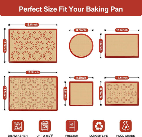 Silicone Baking Mat Set of 6, Easy Clean & Non-Stick Food Grade Reusable Baking Mat, Silicon Baking Mats Oven Liner Sheet, Round & Square Cake Mat...