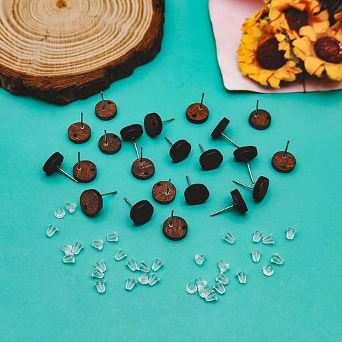 Oubaka 60pcs Wood Stud Earring Posts for Jewelry Making,Walnut Earring Studs Flat Round Earrings Post with Loop Round Wooden Earring Posts with 10...