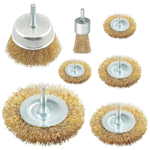 Wire Wheel Cup Brush Set, 7 Pcs Abrasive Brass Coated Wire Wheel Brushes, 1/4" Shank, Carbon Steel Bristles for Cleaning Rust, Paint, Abrasive...