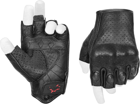 Men’s Summer Motorcycle Gloves Fingerless Leather Motorcycle Cycling Gloves with Knuckle Armored(G11-Black,L)...