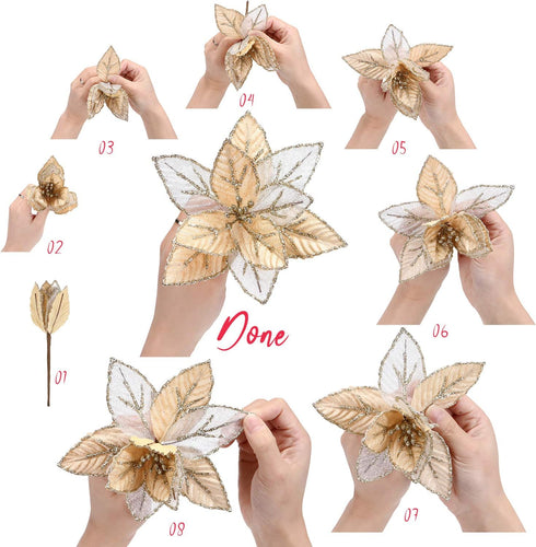 Sea Team 6-Pack Artificial Glitter Poinsettia, Flower Sticks, Christmas Flower Ornaments, Floral Stems, Picks, Branches, Xmas Tree Decorations for...