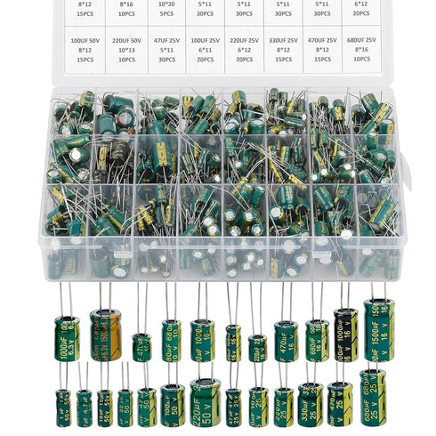 24Value 460Pcs 6.3V-50V Capacitor Assortment Box Kit DIP 1uF-1500uF High Frequency Aluminum Electrolytic Capacitors for Industrial Electrical and ...