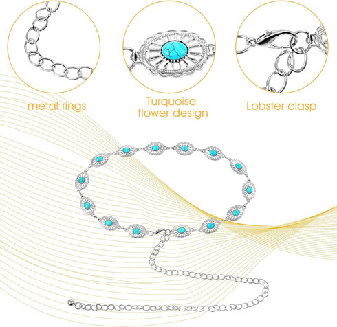 Concho Chain Waist Belts for Women, Turquoise Western Metal Belt Adjustable Cowgirl Belt with Buckle for Jeans Dresses...