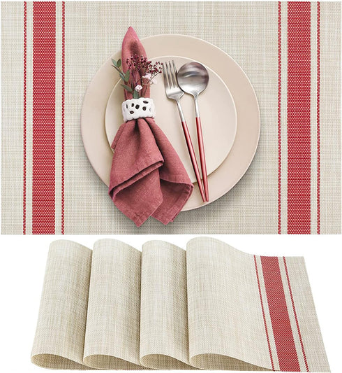 DACHUI Placemats Set of 4, Soft & Elegant Woven Vinyl Place Mats, Water Resistant, Heat Resistant, Washable, Durable Table Mats (Red Stripes)...