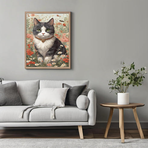 Posterizer 1 pcs- Black and white cat between red and white flowers-Art for Animal Lovers-Floral Botanical - Gift for Men Women Teens-decor for Be...