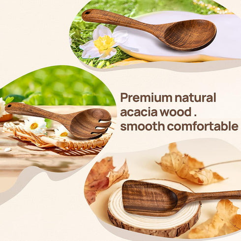 Kitchen Wooden Spoons Utensils Set for Cooking, 5 Piece Acacia Wood Spoon Cooking Utensils Apartment Essentials Wooden Turner Spoon Spatula Kitche...