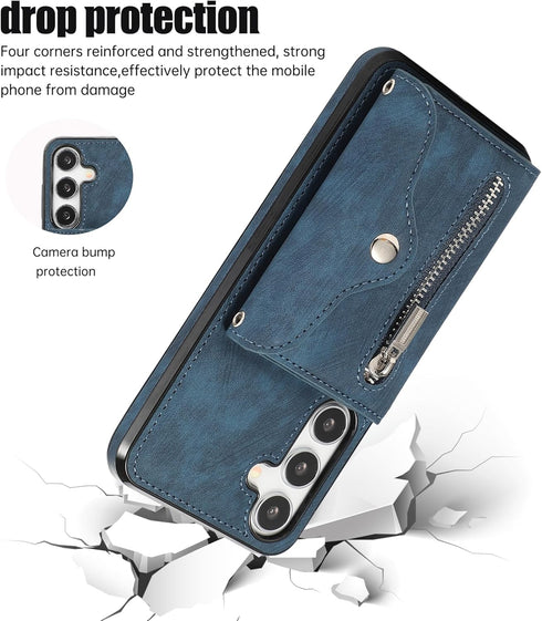 Phone Case for Samsung Galaxy S24 5G Wallet Cover and Tempered Glass Screen Protector with Wrist Crossbody Strap Lanyard Credit Card Holder Stand ...
