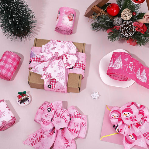 Whaline 6 Rolls Christmas Wired Edge Ribbon Pink Xmas Winter Holiday Craft Ribbon Buffalo Plaid Santa Snowman Snowflake Christmas Tree Truck Gift ...