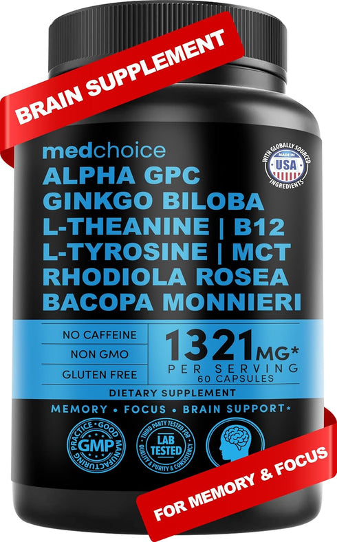11-in-1 Nootropic Brain Supplements: Memory & Focus Supplement with Ginkgo Biloba, L Theanine, Bioperine, & Alpha GPC Choline - 1321mg, 60ct - Sti...