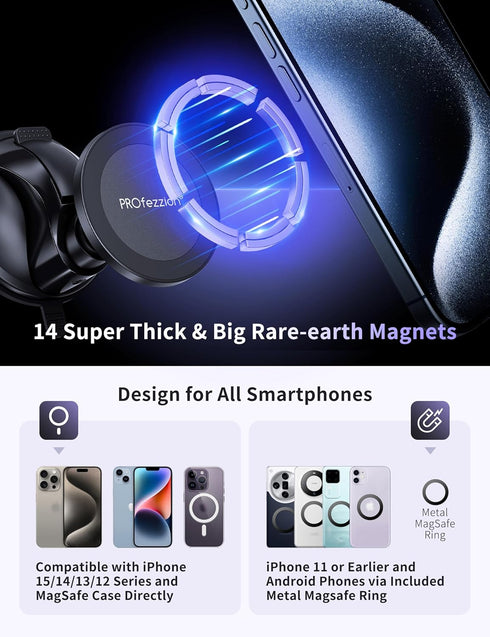 PROfezzion Multi-Surface Suction Mount Compatible with MagSafe iPhone 15 14 13 12 & All Phones, Detachable Hands-Free Phone Holder for Mirror, Gla...