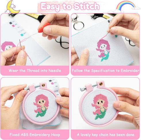 WATINC 5Pcs Embroidery Kit for Kids with Mermaid Patterns Stamped Cross Stitch DIY Key Chain Needle Point Kits Supplies for Sewing Beginners Art C...
