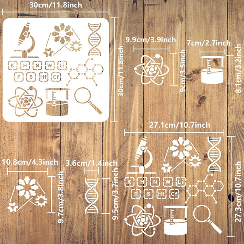 FINGERINSPIRE Scientific Experiment Stencil for Painting 11.8x11.8inch Reusable Microscope Beaker Magnifying Glass Gears Painting Stencil DNA Mole...