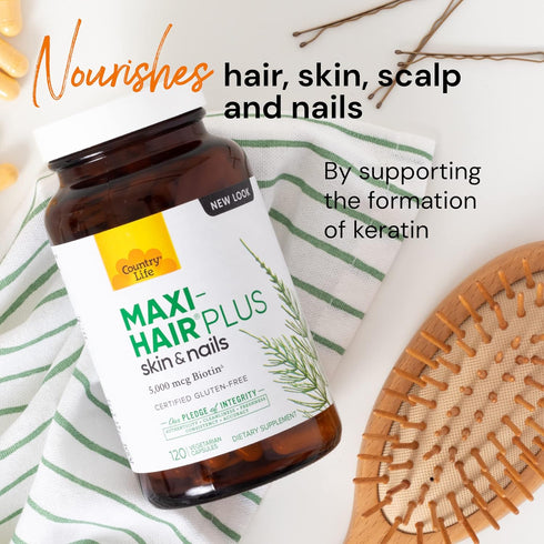 Country Life Maxi-Hair Plus Maximized with 5,000mg Biotin - Healthy Hair, Skin & Nails Support Supplement - Gluten-Free, Vegetarian, Soy-Free, Pre...