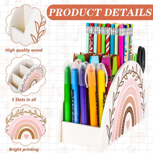 Back to School Rainbow Pencil Pen Holder Boho White Pink Wooden Pen Organizer Desktop Pen Container for Makeup Brushes Crayon Office Student Teach...