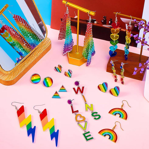 12 Pairs Rainbow Earrings Gay Pride Earrings LGBTQ Mesh Drop Clip on Earrings Lightweight Chain Rainbow Earrings Dangle Earrings Round Heart Light...