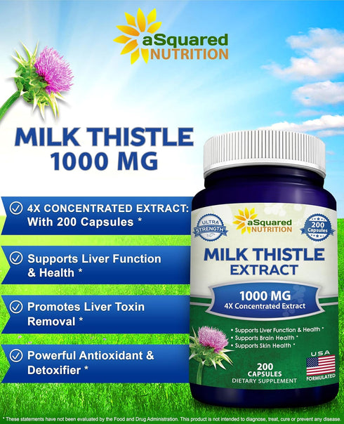 aSquared Nutrition Milk Thistle Supplement 1000mg-200 Capsules,Max Strength 4X Concentrated Extract 4:1 Milk Thistle Seed Powder Herb Pills, 1000 ...