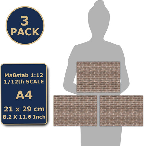 3 Sheets Self-Adhesive Wall Cladding for Dollhouse 1:12 Scale (Brown Bricks)...
