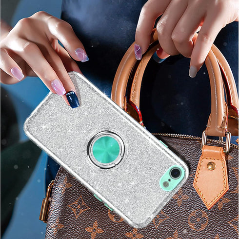 Slim Sparkly Case for iPhone SE 2020/SE 3 2022/8/7 with 360 Ring Holder Kickstand, Glitter, Silver...