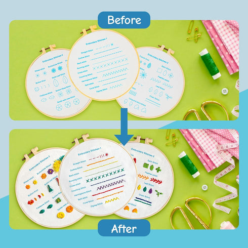 The ZenStore Embroidery Starter Kit for Beginners. Learn 28 Different Stitches. Complete DIY, Includes 3 Hoops, 3 Stamped Patterns, Needles, Sciss...