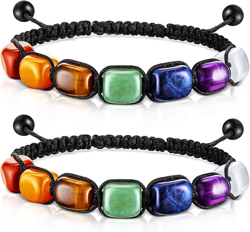Hicarer 2 Pieces 7 Chakra Reiki Healing Crystal Stretch Bracelets Natural Gemstone Relief Yoga Bracelets Braided Rope Bracelets Healing Bead Brace...
