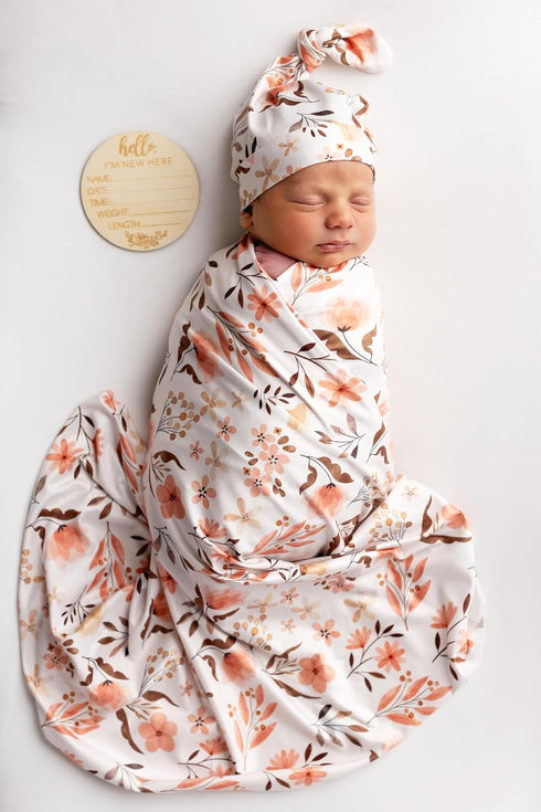 Newborn Baby Snug Wrap Baby Girl Receiving Blanket Swaddle Blanket with Headband Beanie Set and Name Card (Orange Floral)...