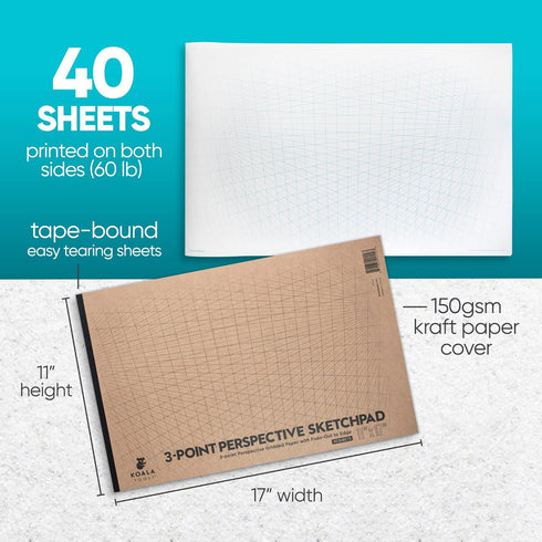 Koala Tools | Drawing Perspective (1 and 2-Point) Large Sketch Pad (3 Point - 11 x 17)...