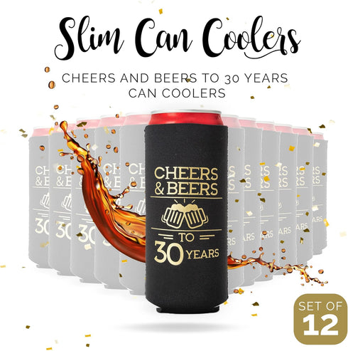 Cheers and Beers to 30 Years Can Coolers, Set of 12 - Black and Gold 30th Birthday Decorations and Party Favors for Men and Women - Cheers to 30 Y...