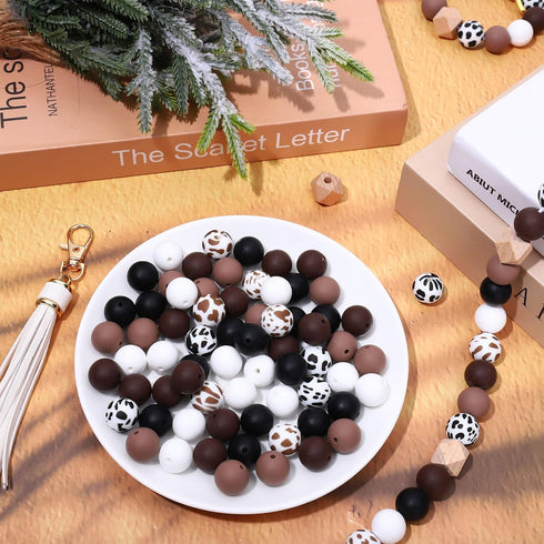 JarThenaAMCS 100Pcs Cow Print Silicone Beads Assorted Brown Black White Round Rubber Beads Keychain Making Kit with Elastic Rope Wood Beads Key Ri...