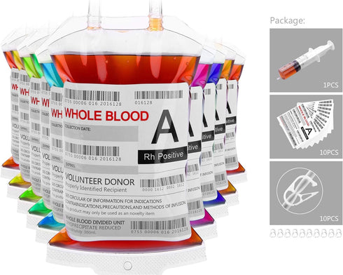 WYNK Blood Bags for Drinks, 10 IV Bags for Halloween Party Decoration, Reusable Drink Pouch for Live Blood of Theme Parties, Masquerade,Vampire,Zo...