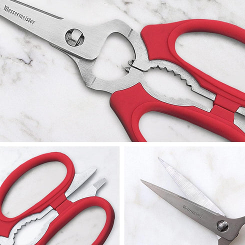Messermeister 8-Inch Take-Apart Kitchen Scissors, Red - Includes Screwdriver, Nut Cracker, Jar Lid Opener/Gripper, Bottle Opener & Bone + Twig Cut...