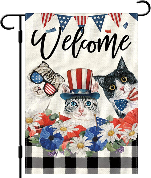 4th of July Patrioctic Cat Garden Flag 12x18 Inch Vertical Double Sided Welcome Floral Cat Memorial Day Independence Day Outside Yard Party Decora...