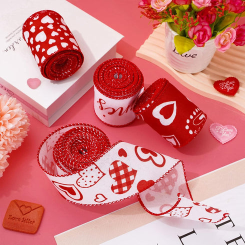 Whaline 36 Yard Happy Valentine's Day Wired Edge Ribbon Red White Love Hearts Craft Ribbon with Burr Wedding Fabric Wrapping Ribbon for Anniversar...