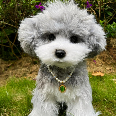 Handmade Dog Pearl Collars and Green Gem Cat Collar Set, Pet Pearl Necklace,Adjustable Dog Costume for Cats&Puppies,Cat Outfit for Pet Wedding Bir...