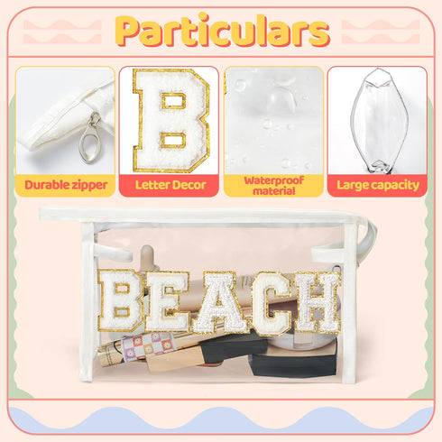 Preppy Patch Cosmetic Bag - Summer BEACH Chenille Varsity Letter Toiletry Bag Transparent PVC Zipper Makeup Bag Waterproof Portable Travel Beach B...