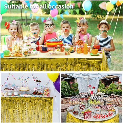 2 Pack Metallic Foil Fringe Table Skirt Tinsel Party Table Skirt Banner for Parade Floats Mardi Gras Party Decoration?L108 inH 29in? (Gold, 2pack)...