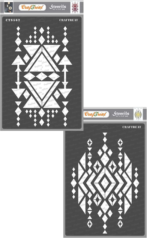 CrafTreat Aztec Stencils for Painting on Wood, Canvas, Fabric and Wall - Aztec Design 1 and Aztec Design 2-2 Pcs - Size : A4 (8.3 x 11.7 Inch) - R...