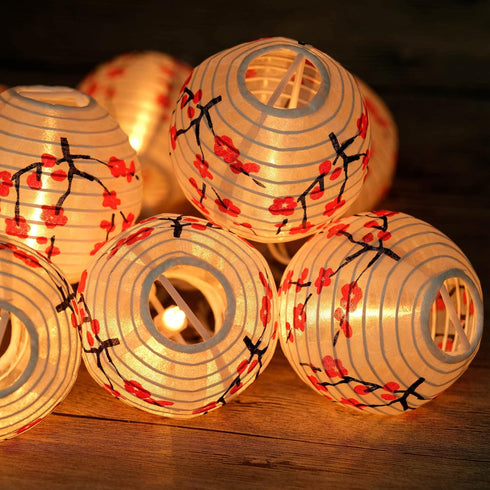 YULETIME Plum Blossom Lantern String Lights, 10 Count Nylon Lantern on 7.6' White Wire, UL Listed 8" Spacing End-to-end Connectable Plug-in String...