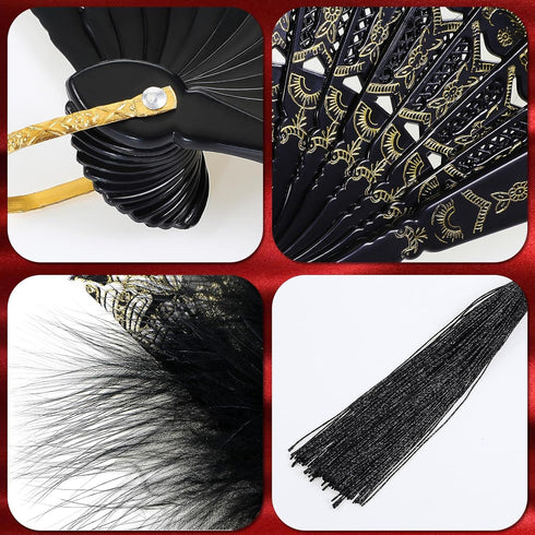 2 Pieces Feather Hand Fan Embroidered Flower Marabou 1920s Feather Fan Hand Folding Drag Queen for 20s Women Costume Party Dancing Photoshoot Wedd...
