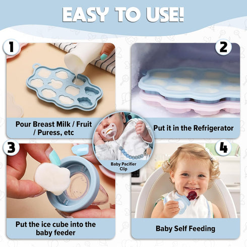 O’doe Silicone Baby Popsicle Molds & Baby Fruit Feeder with 1 Clip, 1 Pack Freezer Tray with Lid, 1 Breastmilk Popsicle Molds for Teething Relief,...
