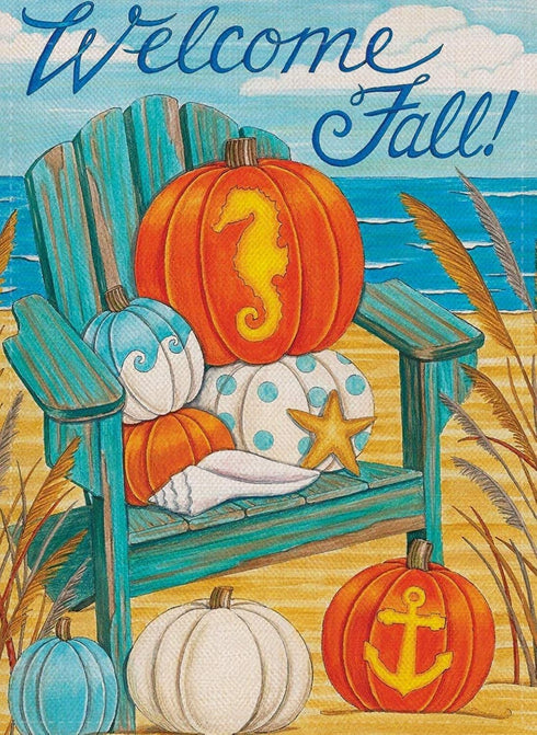 Welcome Fall Garden Flag Home Decorative Blue White Pumpkin House Yard Outside Beach Small Flag Autumn Nautical Seahorse Coastal Decoration Ocean ...