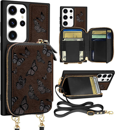 Shorogyt for Samsung Galaxy S23 Ultra Case Wallet Crossbody, RFID Blocking Card Holder Slots Designer Black Butterfly Leather Handbag Purse Phone ...