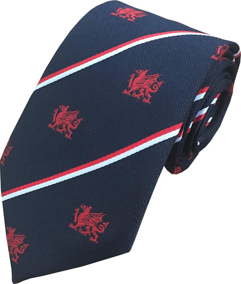 Men's Navy Blue Welsh Dragon Striped Neck Tie...