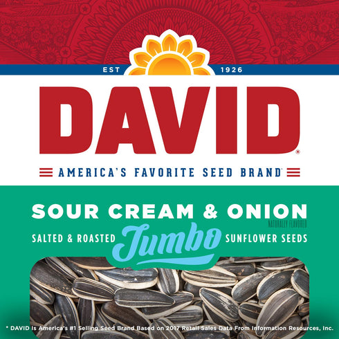 DAVID Roasted and Salted Jumbo Sunflower Seeds, Sour Cream and Onion Flavor, 5.25oz....