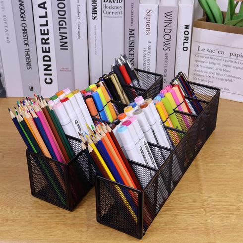 Black Mesh Pen Pencil Holder, Small Metal Desk Organizer Desktop Stationery Office Supplies Acessories Storage Stand, 6 Compartments Brushes Holde...