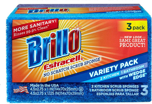 Brillo Estracell Sponges, Premium Long Lasting, Kitchen & Bathroom with Wedge Edge Variety Pack (Variety, 3 Count (Pack of 1))...